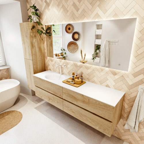 MONDIAZ VICA 180cm mueble de baño Washed Oak 4 cajones. Lavabo MOON Izquierda 1 orificio color Talc con espejo LED.