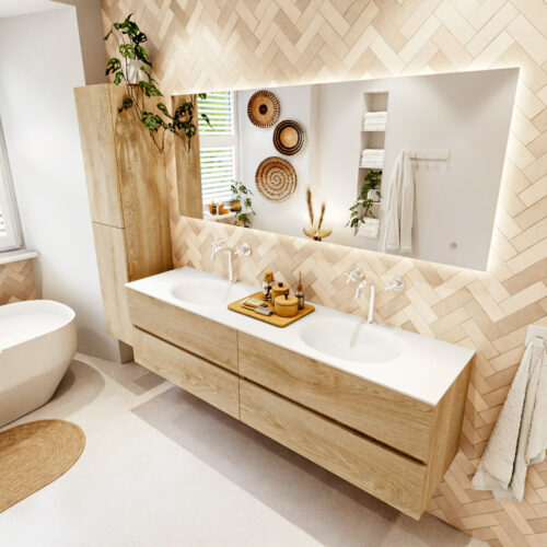 MONDIAZ VICA 180cm mueble de baño Washed Oak 4 cajones. Lavabo MOON Doble 2 orificios color Talc con espejo LED.