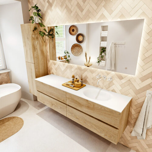 MONDIAZ VICA 180cm mueble de baño Washed Oak 4 cajones. Lavabo MOON Derecho sin orificio color Talc con espejo LED.