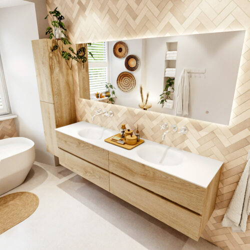 MONDIAZ VICA 190cm mueble de baño Washed Oak 4 cajones. Lavabo MOON Doble sin orificio color Talc con espejo LED.