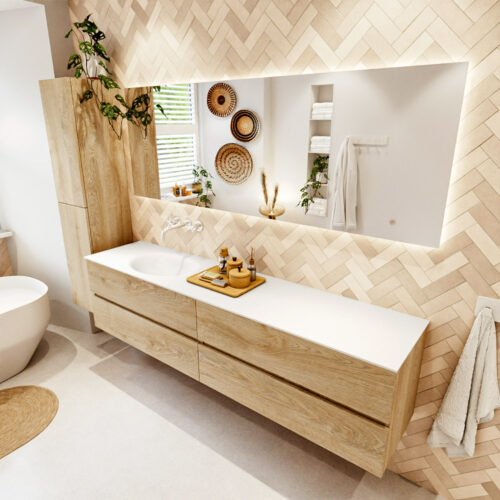 MONDIAZ VICA 200cm mueble de baño Washed Oak 4 cajones. Lavabo MOON Izquierda sin orificio color Talc con espejo LED.