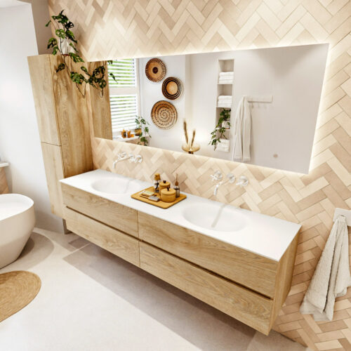 MONDIAZ VICA 200cm mueble de baño Washed Oak 4 cajones. Lavabo MOON Doble sin orificio color Talc con espejo LED.