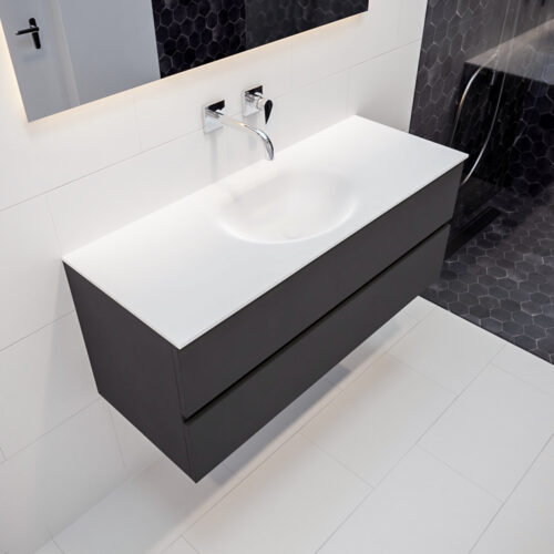 MONDIAZ VICA 120cm mueble de baño Dark Grey 2 cajones lavabo MOON Centro sin orificio con espejo LED.