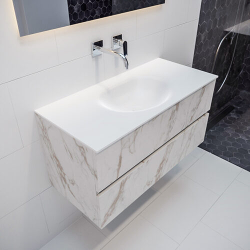 MONDIAZ VICA 100cm mueble de baño Carrara 2 cajones lavabo MOON Centro sin orificio con espejo LED.