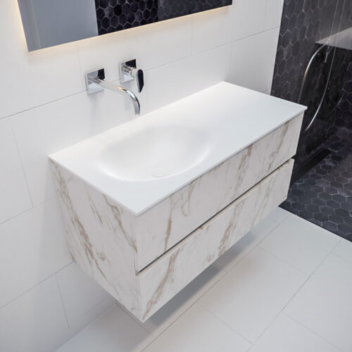 MONDIAZ VICA 100cm mueble de baño Carrara 2 cajones lavabo MOON Izquierda sin orificio con espejo LED.