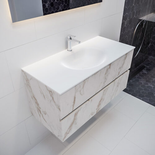 MONDIAZ VICA 100cm mueble de baño Carrara 2 cajones lavabo MOON Centro 1 orificio con espejo LED.