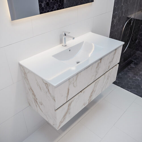 MONDIAZ VICA 100cm mueble de baño Carrara 2 cajones lavabo DENIA Centro 1 orificio con espejo LED.