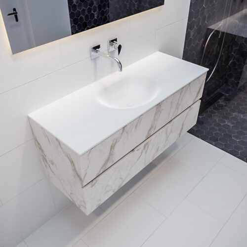 MONDIAZ VICA 120cm mueble de baño Carrara 2 cajones lavabo MOON Centro sin orificio con espejo LED.