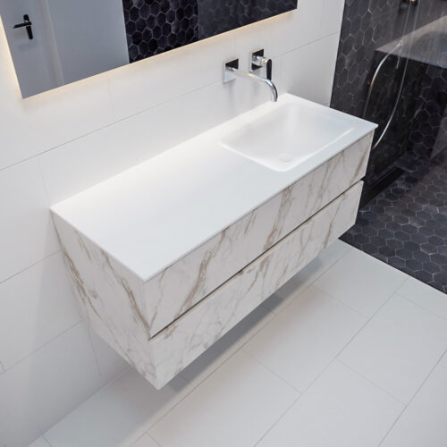 MONDIAZ VICA 120cm mueble de baño Carrara 2 cajones lavabo CLOUD Derecho sin orificio con espejo LED.