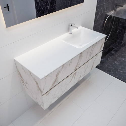 MONDIAZ VICA 120cm mueble de baño Carrara 2 cajones lavabo CLOUD Derecho 1 orificio con espejo LED.