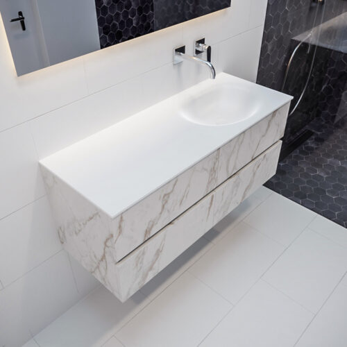 MONDIAZ VICA 120cm mueble de baño Carrara 4 cajones lavabo MOON Derecho sin orificio con espejo LED.