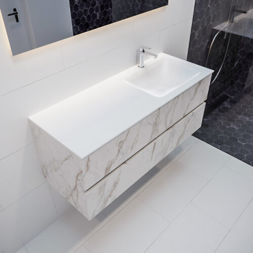 MONDIAZ VICA 120cm mueble de baño Carrara 4 cajones lavabo CLOUD Derecho 1 orificio con espejo LED.