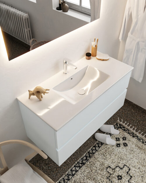 MONDIAZ VICA 100cm mueble de baño Clay 2 cajones lavabo DENIA Centro 1 orificio con espejo LED.