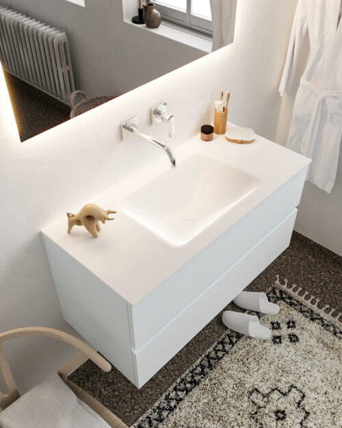 MONDIAZ VICA 100cm mueble de baño Clay 2 cajones lavabo CLOUD Centro sin orificio con espejo LED.