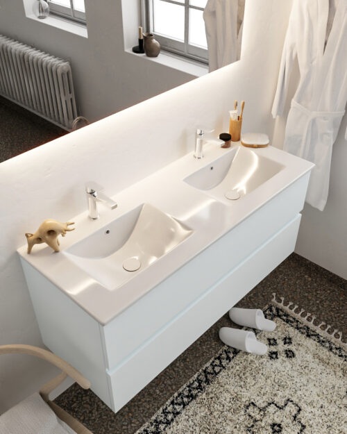 MONDIAZ VICA 120cm mueble de baño Clay 2 cajones lavabo DENIA Doble 2 orificios con espejo LED.