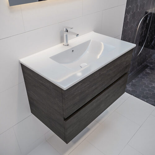 MONDIAZ VICA 80cm mueble de baño Dark Brown 2 cajones lavabo DENIA Centro 1 orificio con espejo LED.