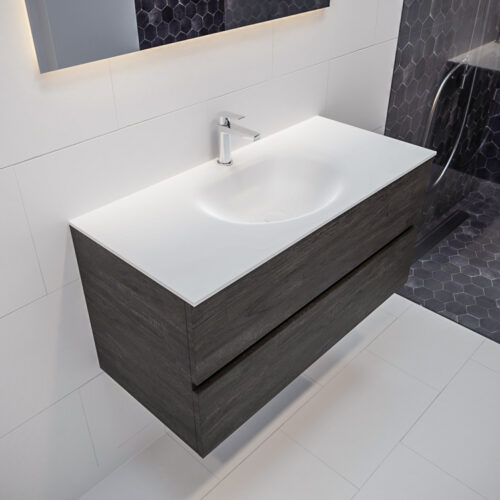 MONDIAZ VICA 100cm mueble de baño Dark Brown 2 cajones lavabo MOON Centro 1 orificio con espejo LED.