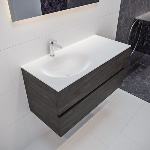 MONDIAZ VICA 100cm mueble de baño Dark Brown 2 cajones lavabo MOON Izquierda 1 orificio con espejo LED.