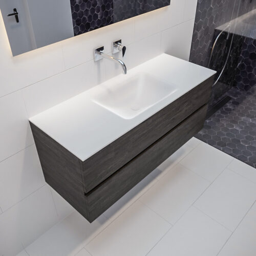 MONDIAZ VICA 120cm mueble de baño Dark Brown 2 cajones lavabo CLOUD Centro sin orificio con espejo LED.