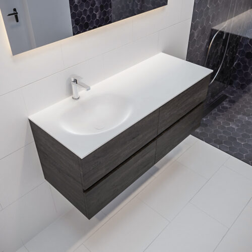 MONDIAZ VICA 120cm mueble de baño Dark Brown 4 cajones lavabo MOON Izquierda 1 orificio con espejo LED.