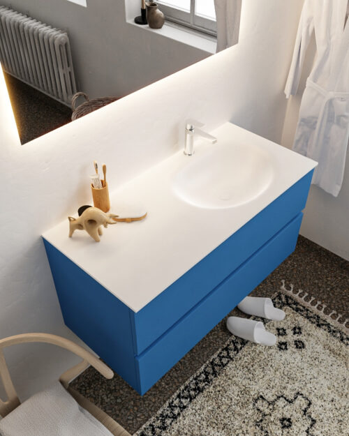 MONDIAZ VICA 100cm mueble de baño Jeans 2 cajones lavabo MOON Derecho 1 orificio con espejo LED.