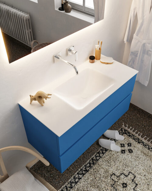 MONDIAZ VICA 100cm mueble de baño Jeans 2 cajones lavabo CLOUD Centro sin orificio con espejo LED.