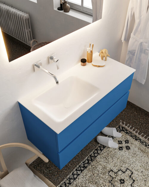 MONDIAZ VICA 100cm mueble de baño Jeans 2 cajones lavabo CLOUD Izquierda sin orificio con espejo LED.