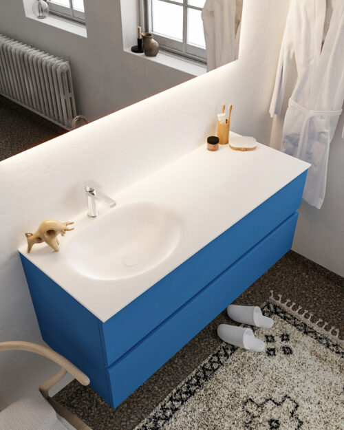 MONDIAZ VICA 120cm mueble de baño Jeans 2 cajones lavabo MOON Izquierda 1 orificio con espejo LED.