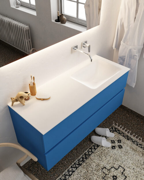 MONDIAZ VICA 120cm mueble de baño Jeans 2 cajones lavabo CLOUD Derecho sin orificio con espejo LED.