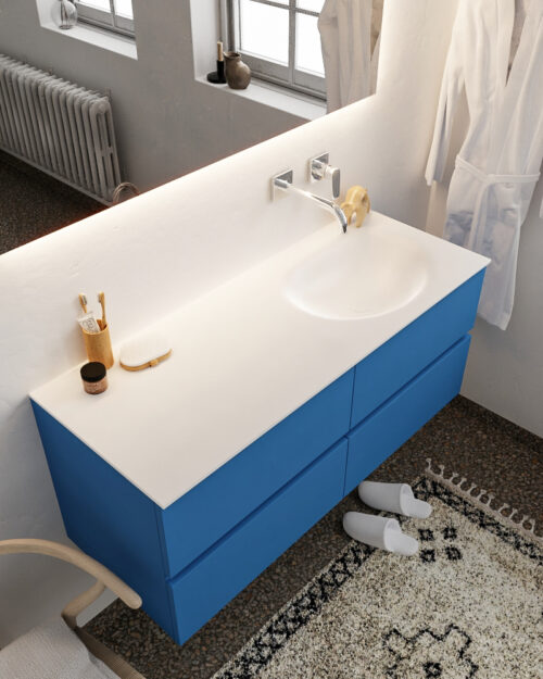 MONDIAZ VICA 120cm mueble de baño Jeans 4 cajones lavabo MOON Derecho sin orificio con espejo LED.