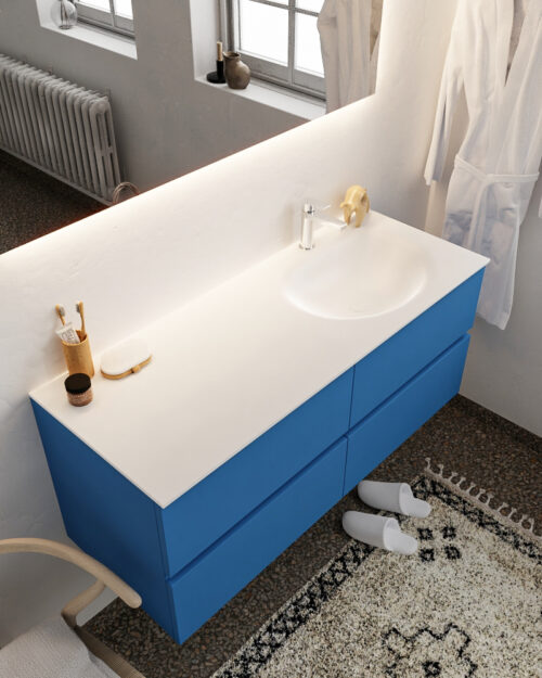 MONDIAZ VICA 120cm mueble de baño Jeans 4 cajones lavabo MOON Derecho 1 orificio con espejo LED.