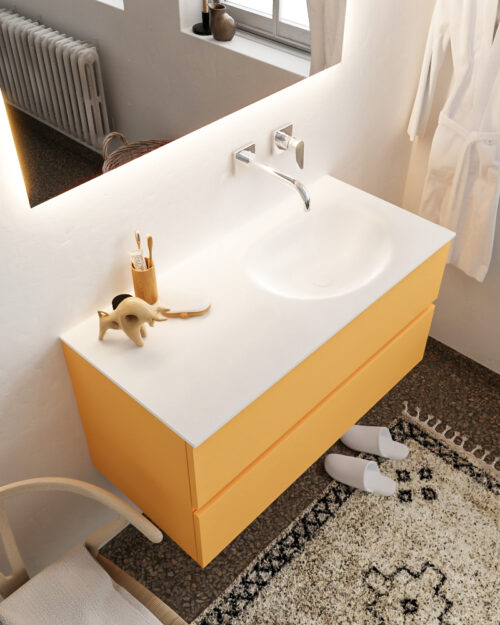 MONDIAZ VICA 100cm mueble de baño Ocher 2 cajones lavabo MOON Derecho sin orificio con espejo LED.