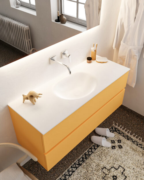 MONDIAZ VICA 120cm mueble de baño Ocher 2 cajones lavabo MOON Centro sin orificio con espejo LED.