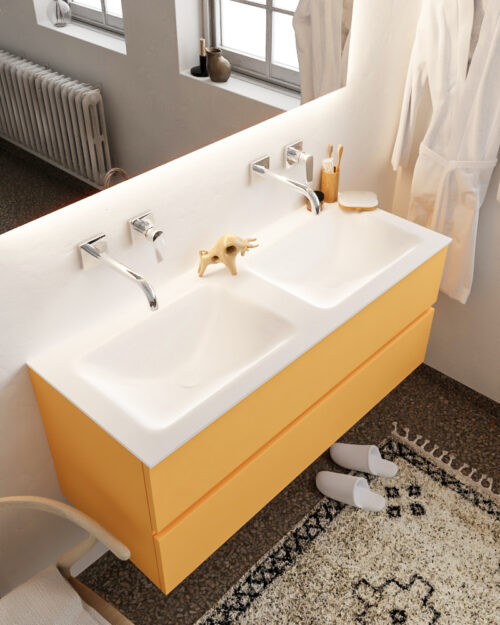 MONDIAZ VICA 120cm mueble de baño Ocher 2 cajones lavabo CLOUD Doble sin orificio con espejo LED.