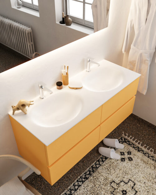 MONDIAZ VICA 120cm mueble de baño Ocher 4 cajones lavabo MOON Doble 2 orificios con espejo LED.