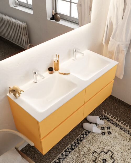 MONDIAZ VICA 120cm mueble de baño Ocher 4 cajones lavabo CLOUD Doble 2 orificios con espejo LED.