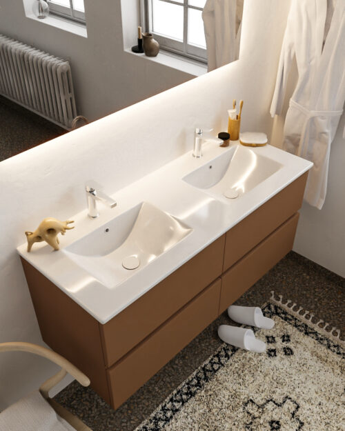 MONDIAZ VICA 120cm mueble de baño Rust 4 cajones lavabo DENIA Doble 2 orificios con espejo LED.