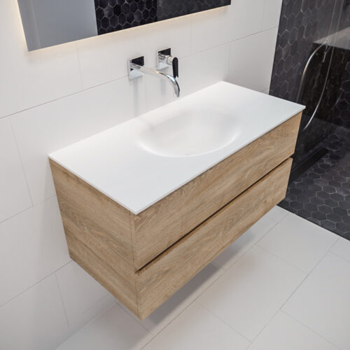 MONDIAZ VICA 100cm mueble de baño Washed Oak 2 cajones lavabo MOON Centro sin orificio con espejo LED.