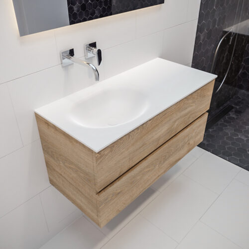 MONDIAZ VICA 100cm mueble de baño Washed Oak 2 cajones lavabo MOON Izquierda sin orificio con espejo LED.