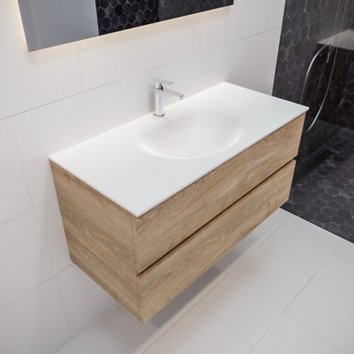 MONDIAZ VICA 100cm mueble de baño Washed Oak 2 cajones lavabo MOON Centro 1 orificio con espejo LED.