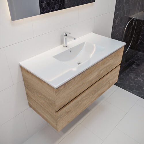 MONDIAZ VICA 100cm mueble de baño Washed Oak 2 cajones lavabo DENIA Centro 1 orificio con espejo LED.