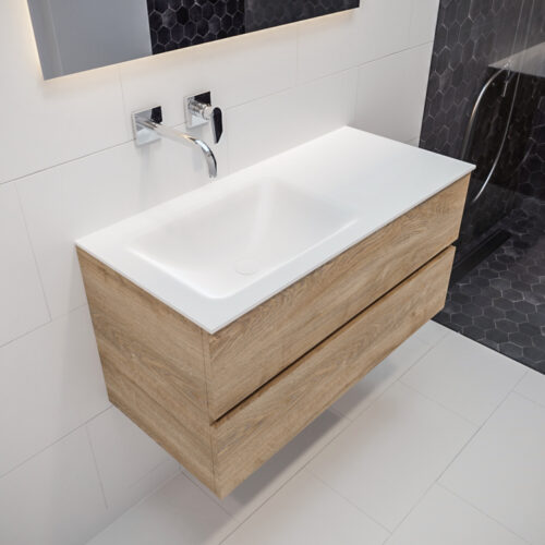 MONDIAZ VICA 100cm mueble de baño Washed Oak 2 cajones lavabo CLOUD Izquierda sin orificio con espejo LED.