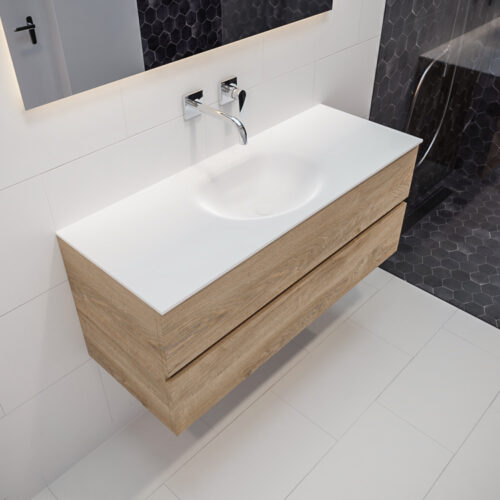 MONDIAZ VICA 120cm mueble de baño Washed Oak 2 cajones lavabo MOON Centro sin orificio con espejo LED.