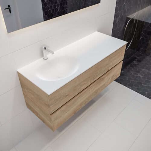 MONDIAZ VICA 120cm mueble de baño Washed Oak 2 cajones lavabo MOON Izquierda 1 orificio con espejo LED.