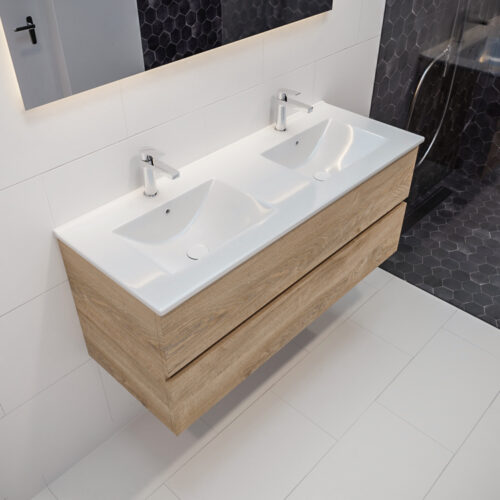 MONDIAZ VICA 120cm mueble de baño Washed Oak 2 cajones lavabo DENIA Doble 2 orificios con espejo LED.