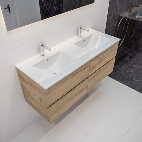 MONDIAZ VICA 120cm mueble de baño Washed Oak 4 cajones lavabo DENIA Doble 2 orificios con espejo LED.