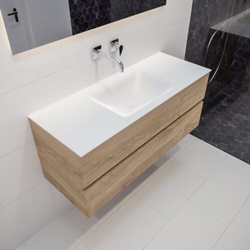 MONDIAZ VICA 120cm mueble de baño Washed Oak 2 cajones lavabo CLOUD Centro sin orificio con espejo LED.