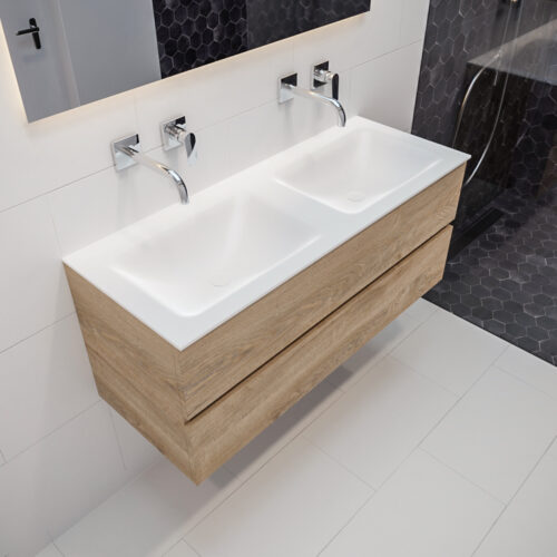 MONDIAZ VICA 120cm mueble de baño Washed Oak 2 cajones lavabo CLOUD Doble sin orificio con espejo LED.