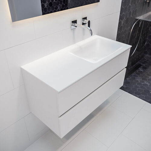 MONDIAZ VICA 100cm mueble de baño Talc 2 cajones lavabo CLOUD Derecho sin orificio con espejo LED.