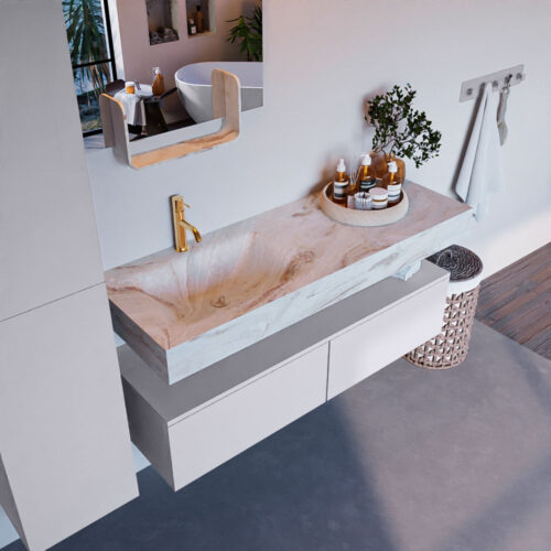 MONDIAZ ALAN-DLUX 130cm mueble de baño Cale 2 cajones. Lavabo CLOUD Izquierda 1 orificio color Frappe.